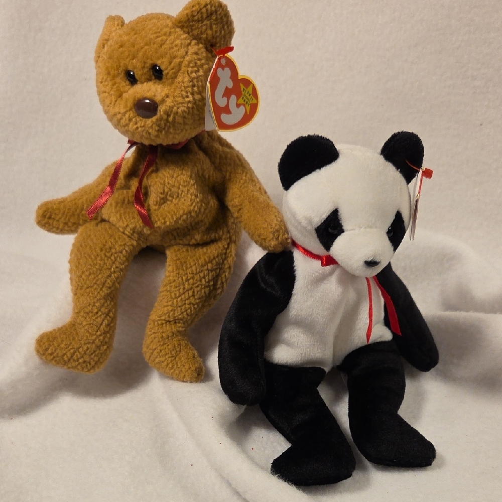 Ty Beanie Babies Plush Set: Curly Bear & Fortune Black & White Panda